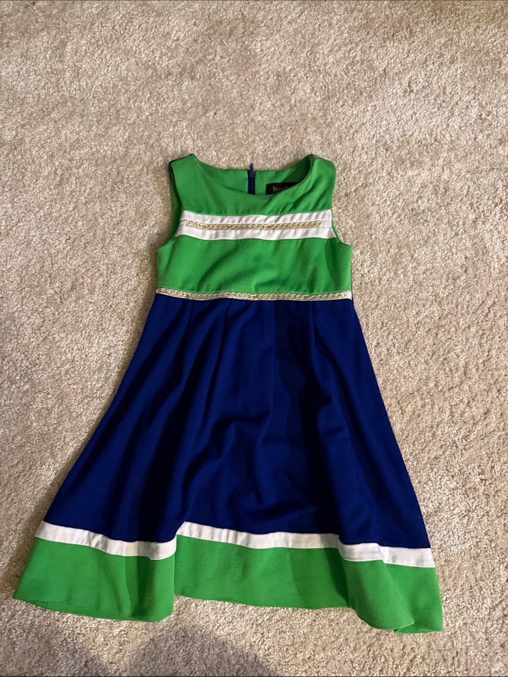 Girls Green and Royal Blue Sleeveless Dress with Trim